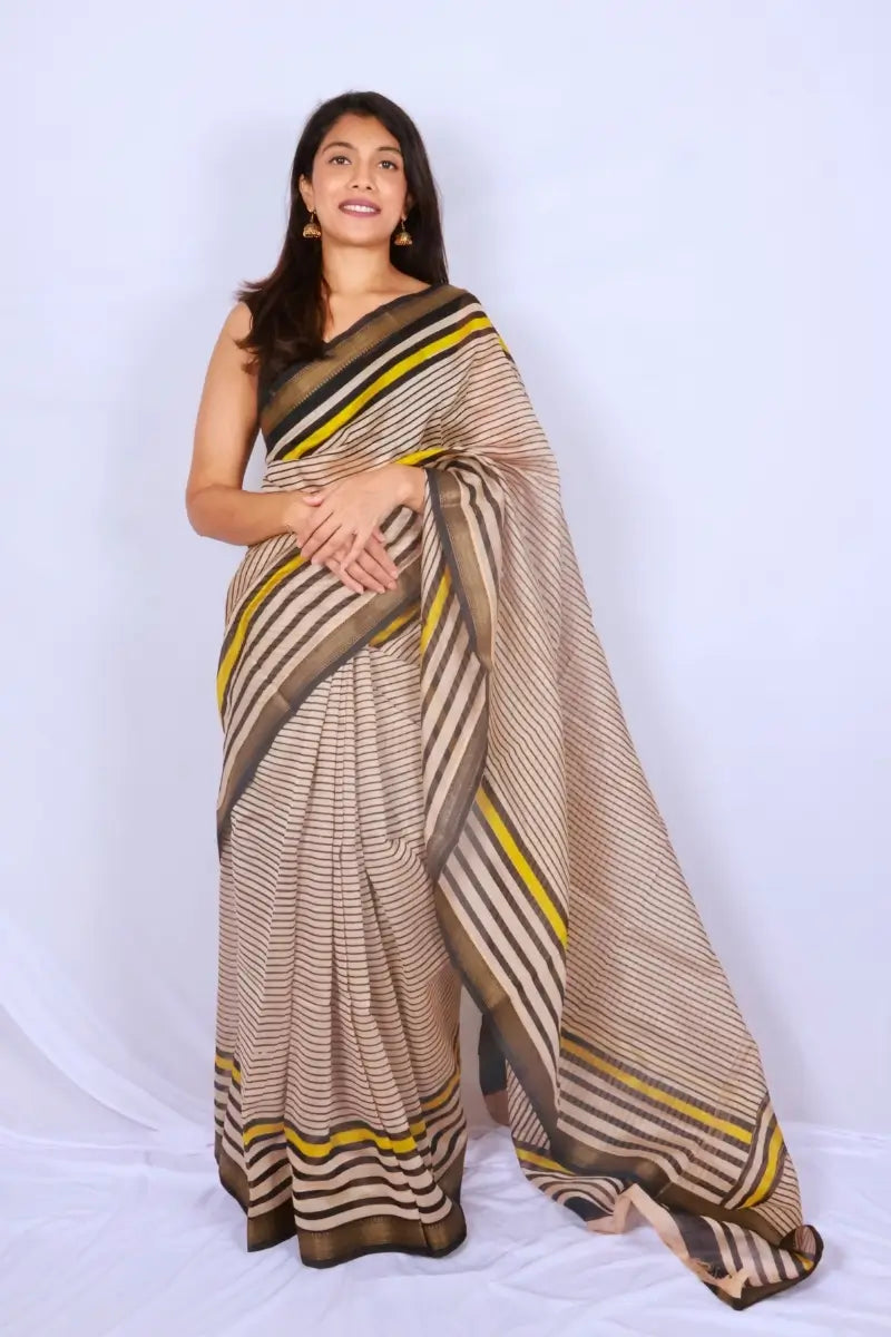 Maheshwari cotton silk saree in Black & Yellow Stripes with Bagru hand block print — Noolagam