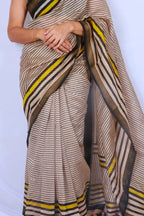 Maheshwari cotton silk saree in Black & Yellow Stripes with Bagru hand block print — Noolagam_2