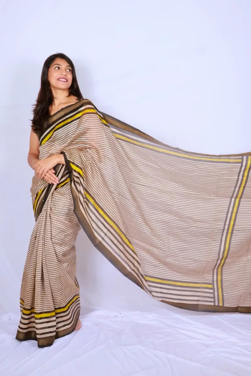 Maheshwari cotton silk saree in Black & Yellow Stripes with Bagru hand block print — Noolagam_3