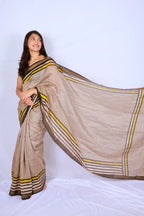 Maheshwari cotton silk saree in Black & Yellow Stripes with Bagru hand block print — Noolagam_3