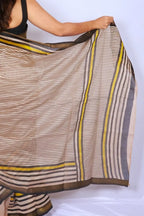 Maheshwari cotton silk saree in Black & Yellow Stripes with Bagru hand block print — Noolagam_5