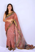 Maheshwari cotton silk saree in Brick Red Floral with Bagru hand block print — Noolagam