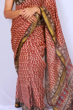 Maheshwari cotton silk saree in Brick Red Floral with Bagru hand block print — Noolagam_2