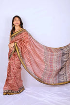 Maheshwari cotton silk saree in Brick Red Floral with Bagru hand block print — Noolagam_3