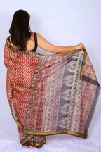 Maheshwari cotton silk saree in Brick Red Floral with Bagru hand block print — Noolagam_4