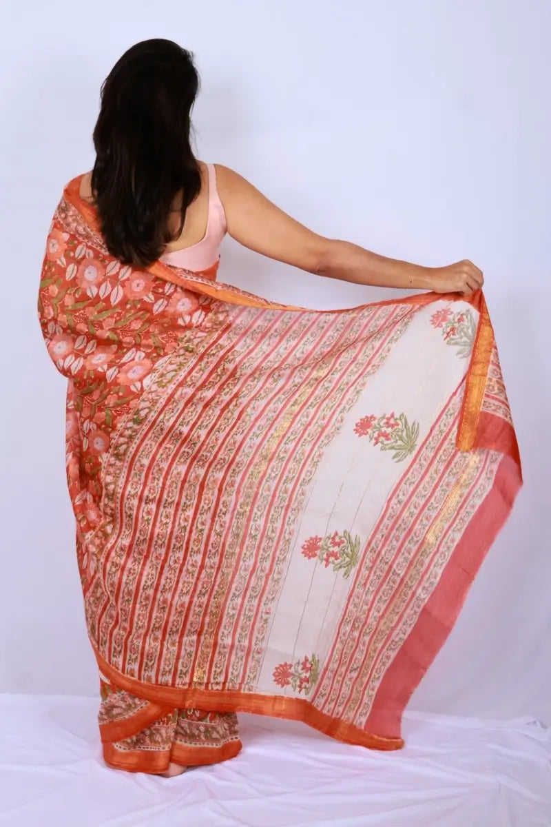 Maheshwari cotton silk saree in Coral Floral with Bagru hand block print — Noolagam_4