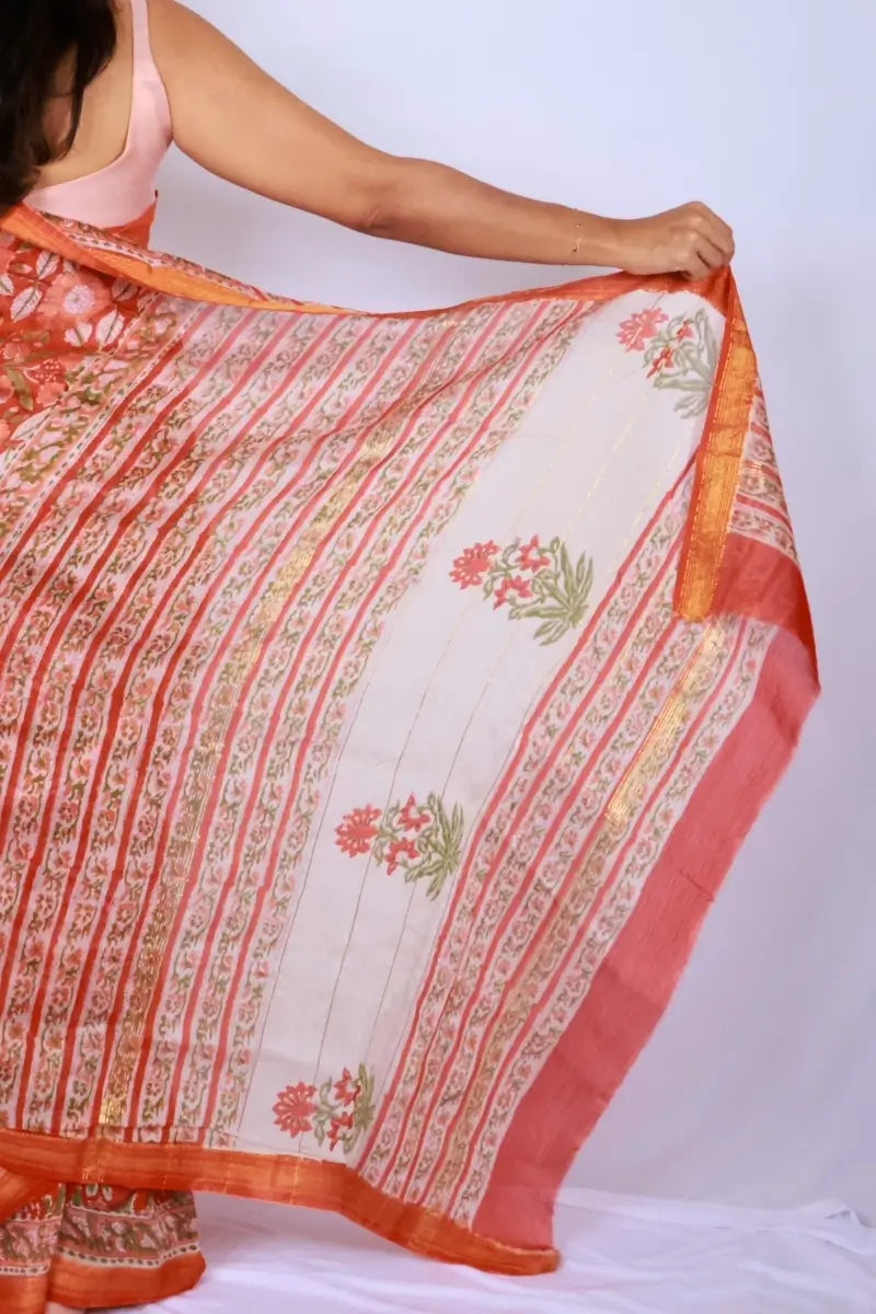 Maheshwari cotton silk saree in Coral Floral with Bagru hand block print — Noolagam_5