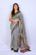 Maheshwari cotton silk saree in Indigo & Beige Stripes with Bagru hand block print — Noolagam