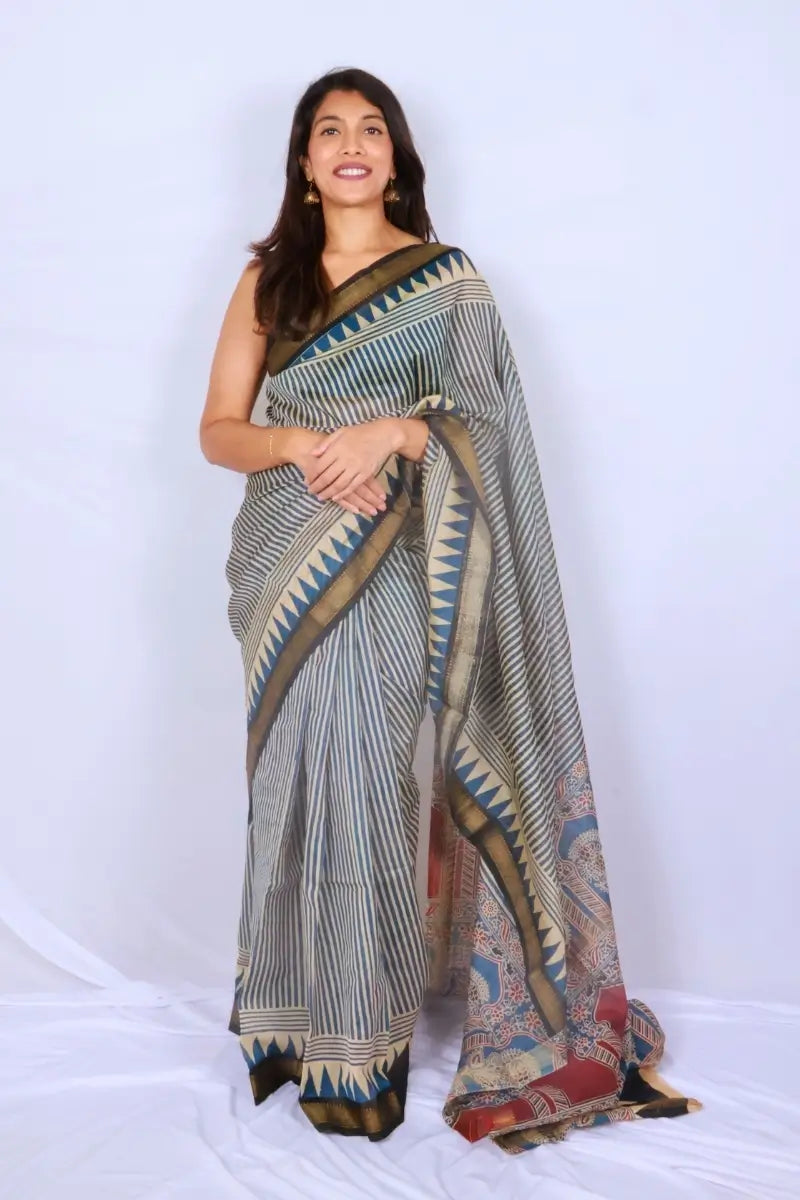 Maheshwari cotton silk saree in Indigo & Beige Stripes with Bagru hand block print — Noolagam