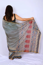 Maheshwari cotton silk saree in Indigo & Beige Stripes with Bagru hand block print — Noolagam_4