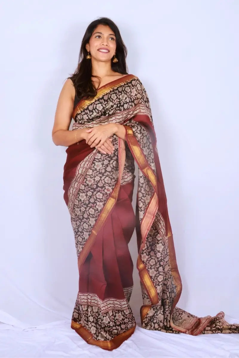 Maheshwari cotton silk saree in Maroon Floral Border with Bagru hand block print — Noolagam
