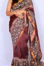 Maheshwari cotton silk saree in Maroon Floral Border with Bagru hand block print — Noolagam_2