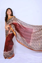 Maheshwari cotton silk saree in Maroon Floral Border with Bagru hand block print — Noolagam_3