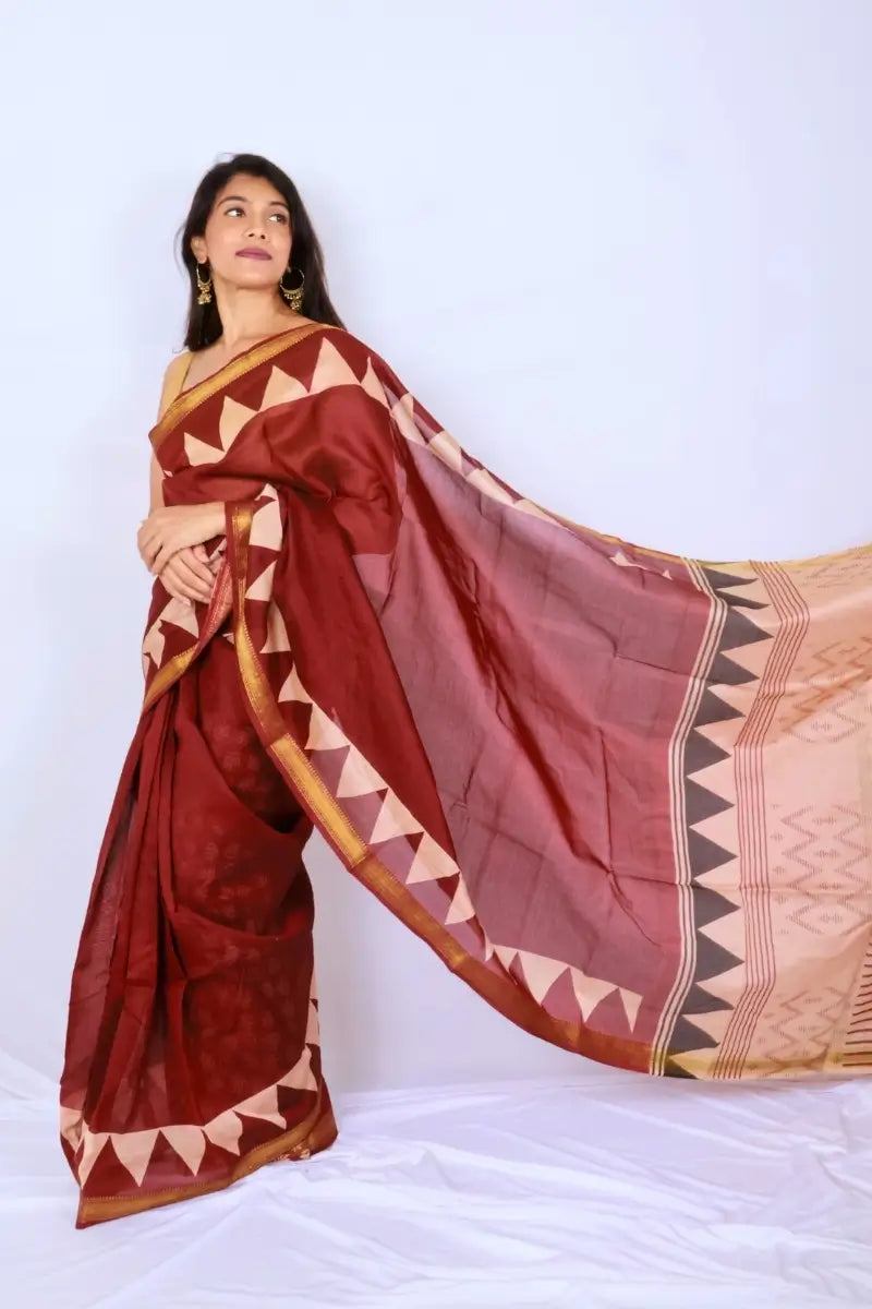 Maheshwari cotton silk saree in Maroon Geometric with Bagru hand block print — Noolagam_3