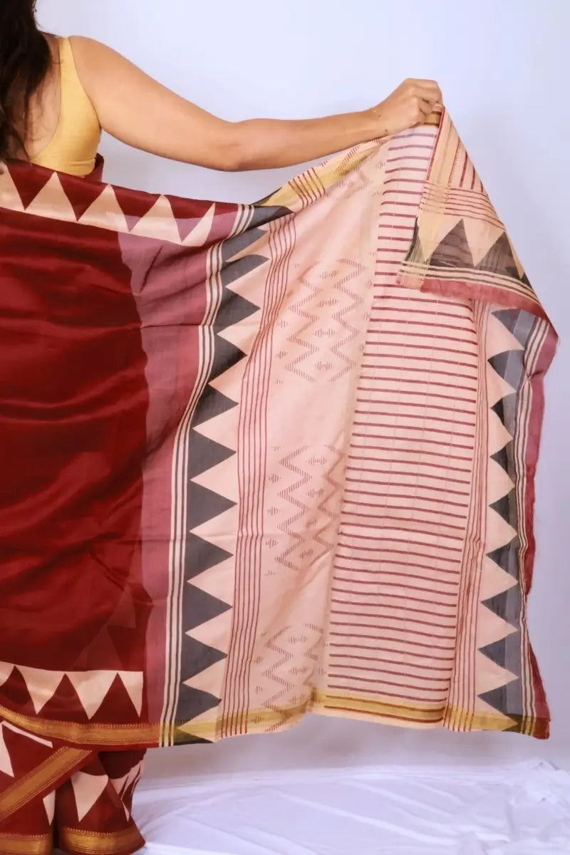 Maheshwari cotton silk saree in Maroon Geometric with Bagru hand block print — Noolagam_5