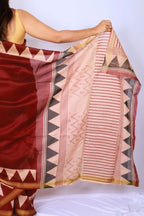 Maheshwari cotton silk saree in Maroon Geometric with Bagru hand block print — Noolagam_5