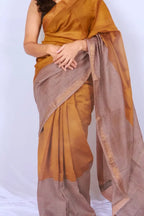 Maheshwari cotton silk saree in Mustard Gold & Checks with Bagru hand block print — Noolagam_2