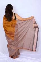 Maheshwari cotton silk saree in Mustard Gold & Checks with Bagru hand block print — Noolagam_4