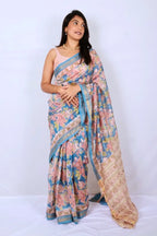 Maheshwari cotton silk saree in Sky Blue Floral with Bagru hand block print — Noolagam