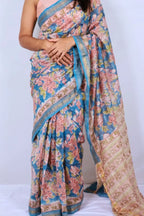 Maheshwari cotton silk saree in Sky Blue Floral with Bagru hand block print — Noolagam_3