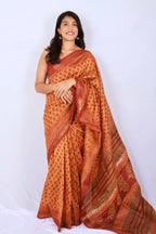 Maheshwari cotton silk saree in Tangerine & Rust with Bagru hand block print — Noolagam