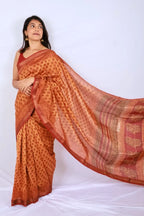 Maheshwari cotton silk saree in Tangerine & Rust with Bagru hand block print — Noolagam_3
