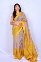 Maheshwari cotton silk saree in Yellow Stripes & Floral Pallu with Bagru hand block print — Noolagam