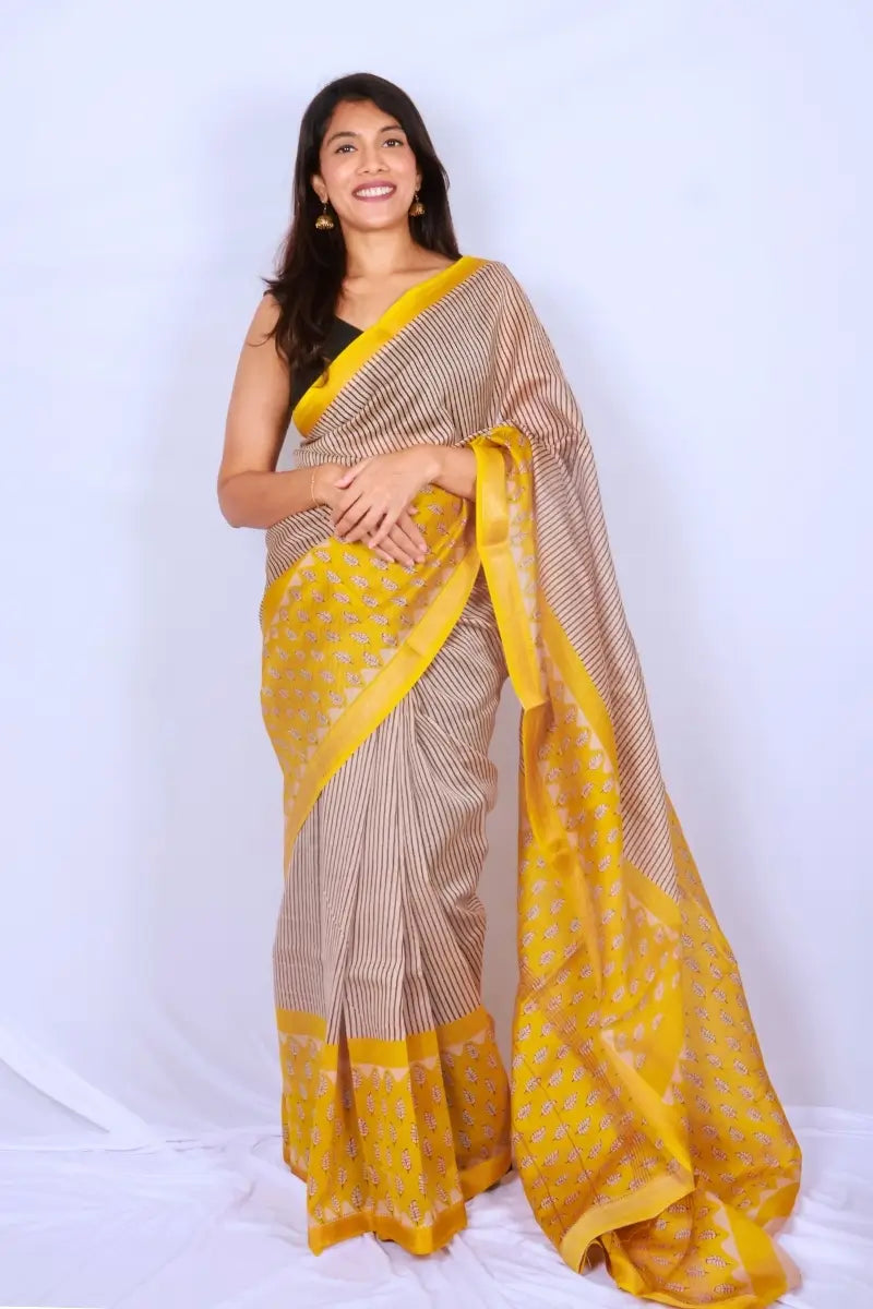 Maheshwari cotton silk saree in Yellow Stripes & Floral Pallu with Bagru hand block print — Noolagam
