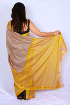 Maheshwari cotton silk saree in Yellow Stripes & Floral Pallu with Bagru hand block print — Noolagam_4