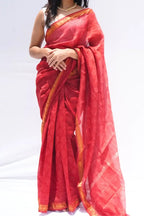 MaheshwaricottonsilkDabuhandblockprintedsareeinrubyredwithzariborder_Noolagam_2