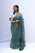 MaheshwaricottonsilkDabuhandblockprintedsareeinsagegreenwithzariborder_Noolagam