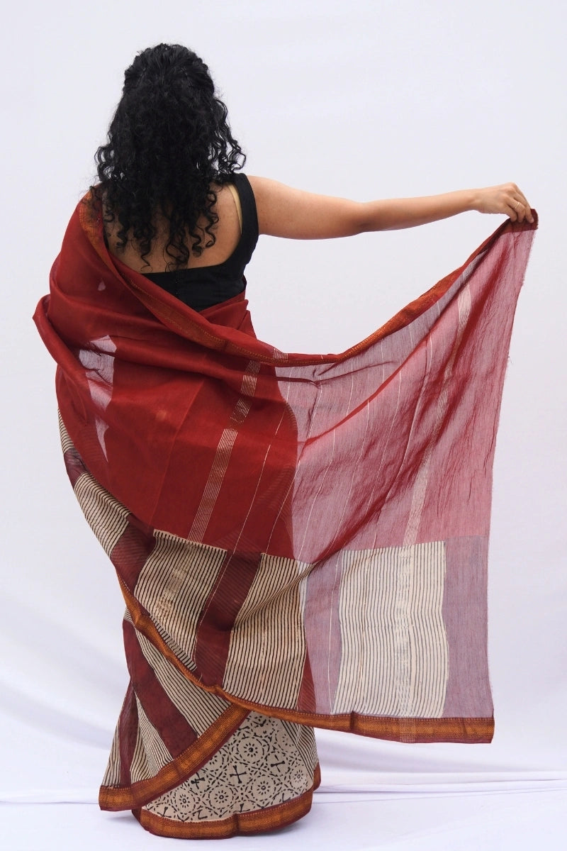 Maheshwari Silk Cotton Saree – Madder Red & Ivory_3