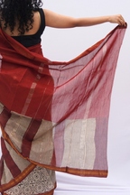 Maheshwari Silk Cotton Saree – Madder Red & Ivory