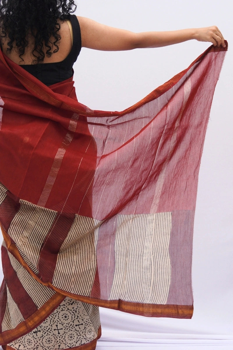 Maheshwari Silk Cotton Saree – Madder Red & Ivory_4