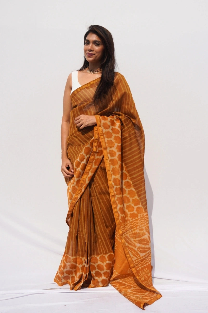 Chanderi Cotton Leheriya Saree – Amber Gold & Mustard
