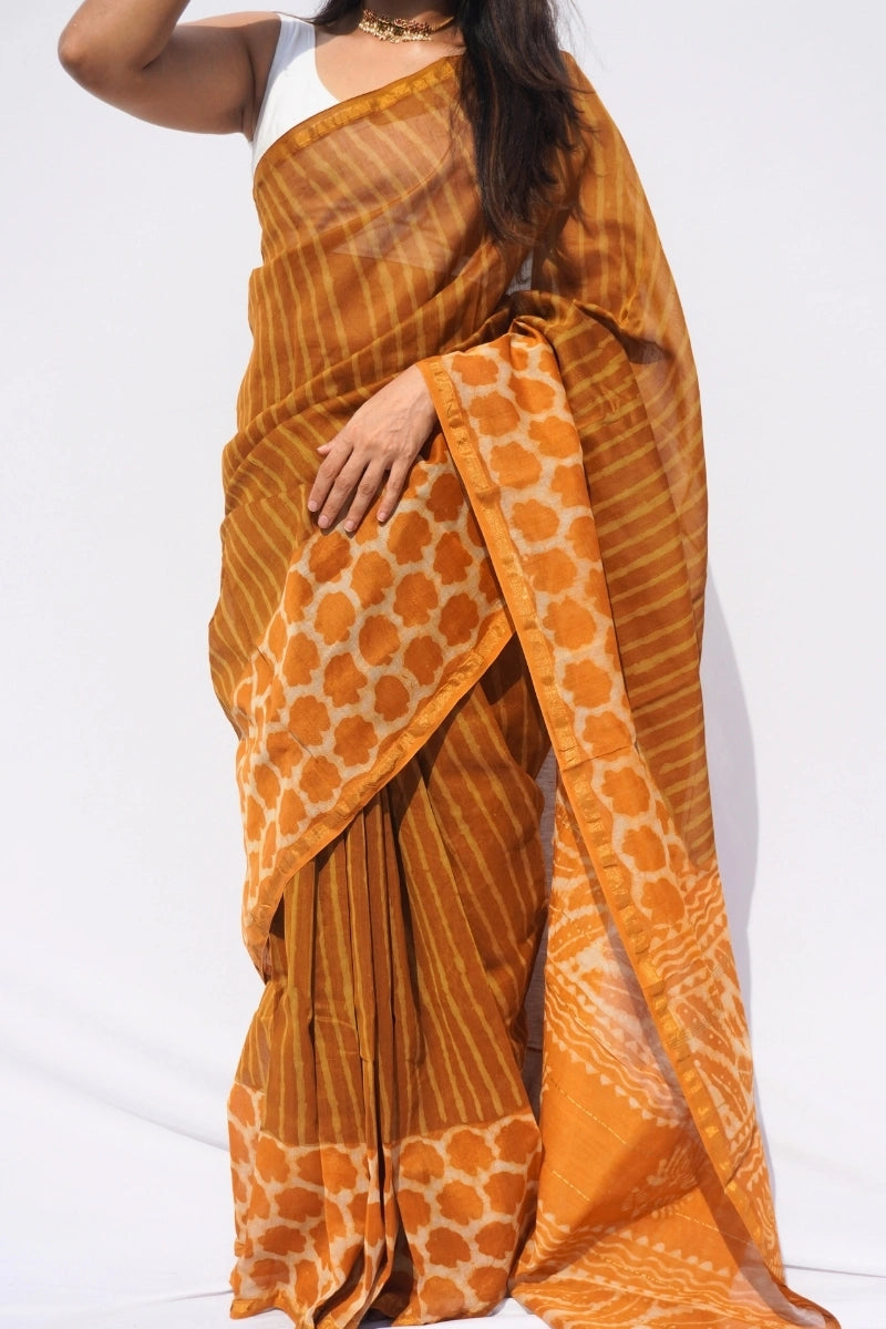 Chanderi Cotton Leheriya Saree – Amber Gold & Mustard