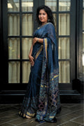 Chanderi Cotton Saree - Indigo & Gold with Bagru Print