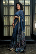 Chanderi Cotton Saree - Indigo & Gold with Bagru Print