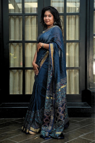 Maheshwari Cotton Saree - Indigo & Gold with Bagru Print