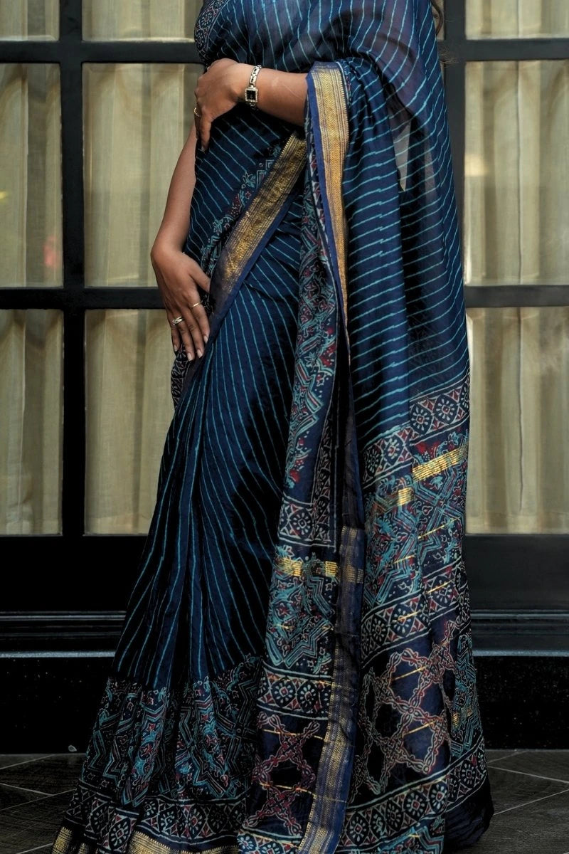 Chanderi Cotton Saree - Indigo & Gold with Bagru Print