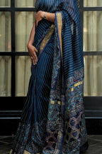 Chanderi Cotton Saree - Indigo & Gold with Bagru Print