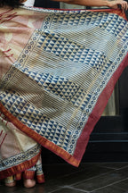 Maheshwari Silk Cotton Hand Block Printed Saree - Ivory, Dusty Rose & Indigo