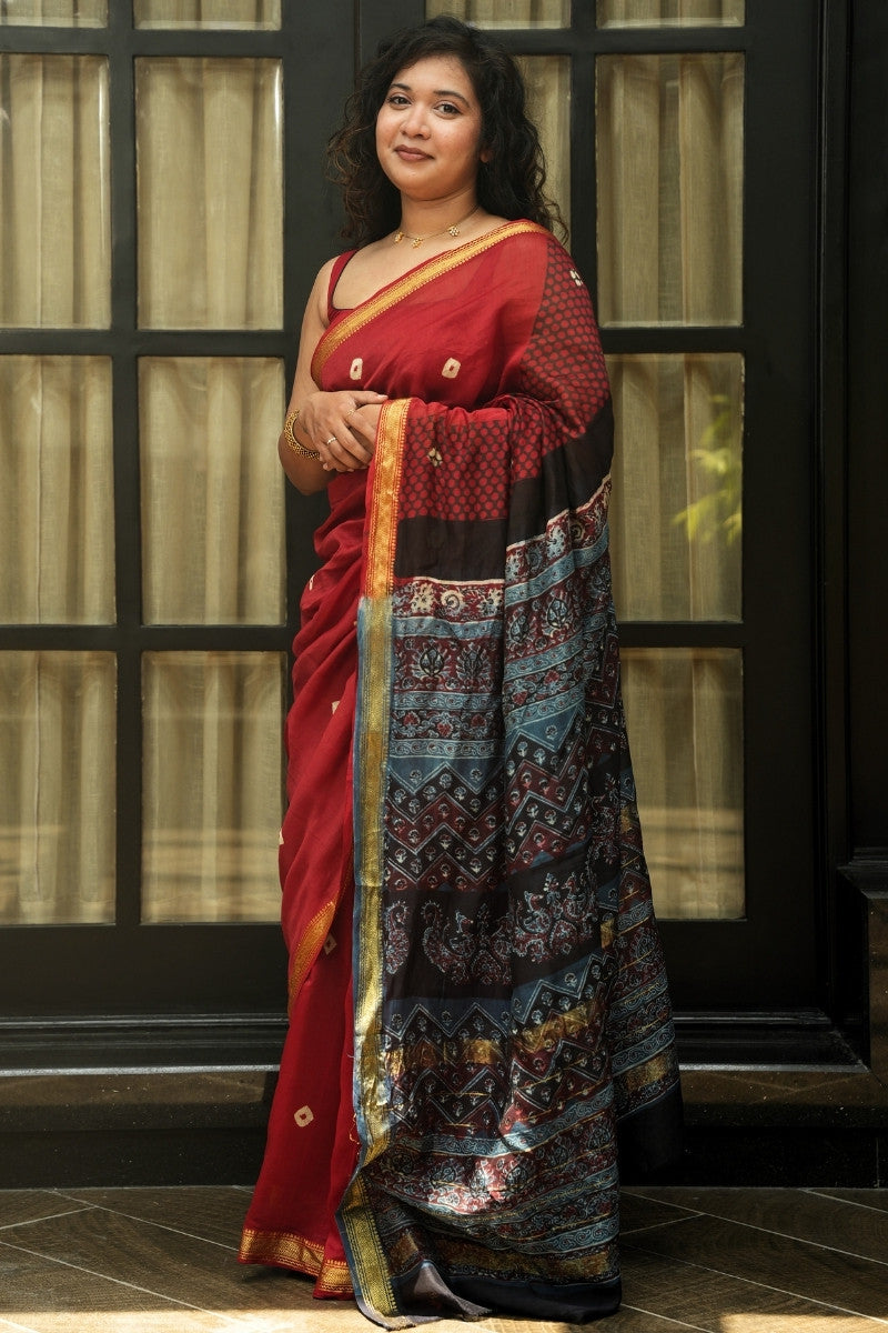 Maheshwari Silk Cotton Tie-Dye & Ajrakh Block Print Saree - Rich Red & Indigo