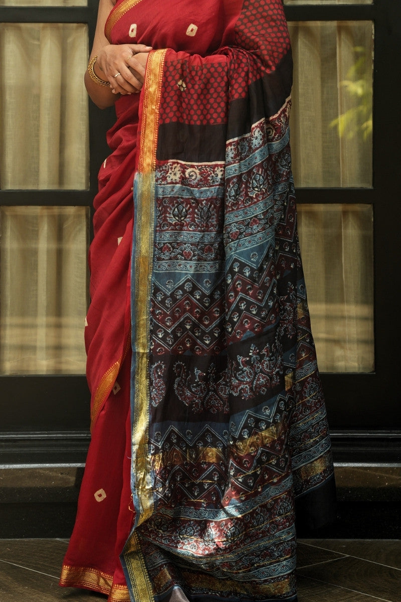 Maheshwari Silk Cotton Tie-Dye & Ajrakh Block Print Saree - Rich Red & Indigo