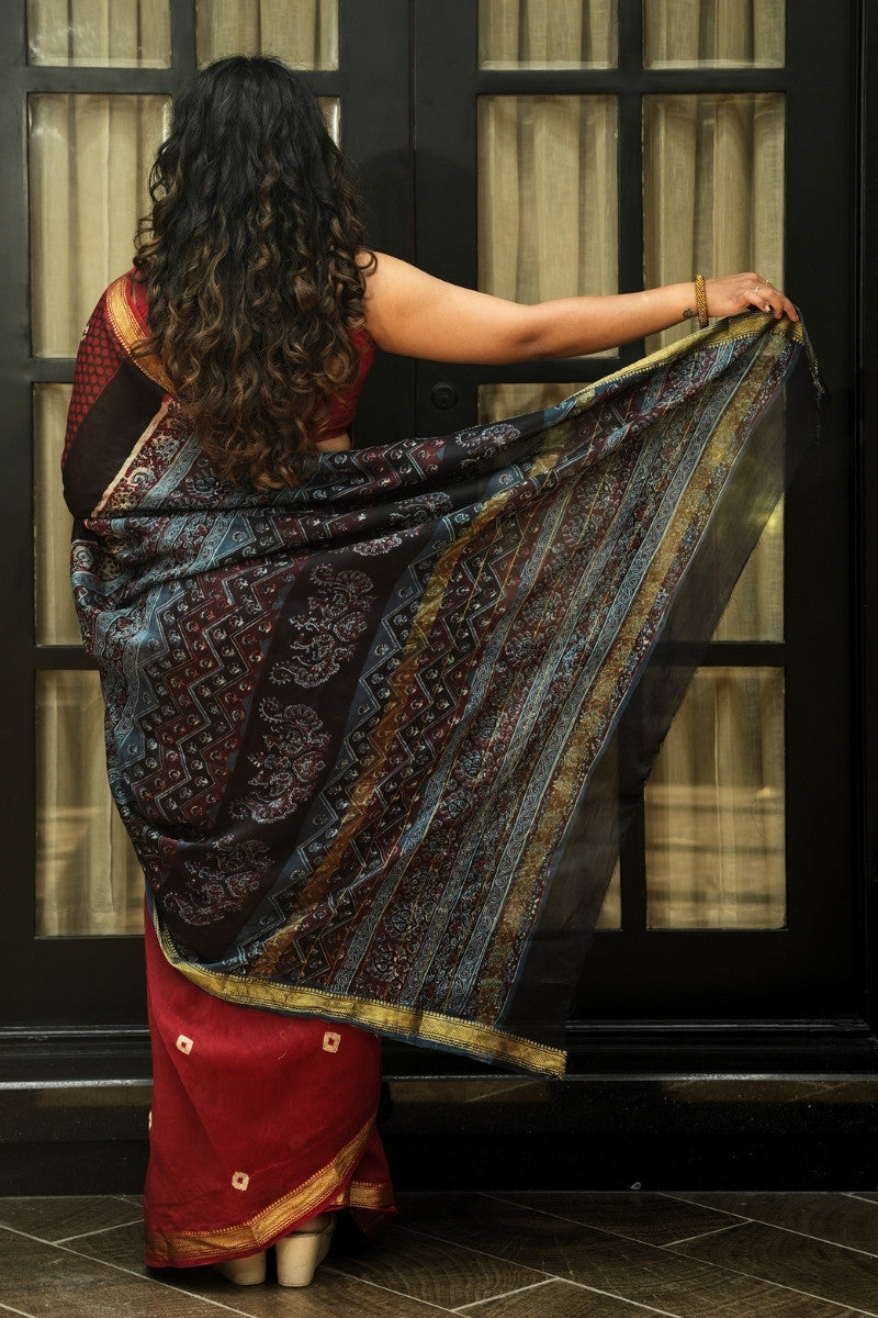 Maheshwari Silk Cotton Tie-Dye & Ajrakh Block Print Saree - Rich Red & Indigo