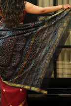 Maheshwari Silk Cotton Tie-Dye & Ajrakh Block Print Saree - Rich Red & Indigo