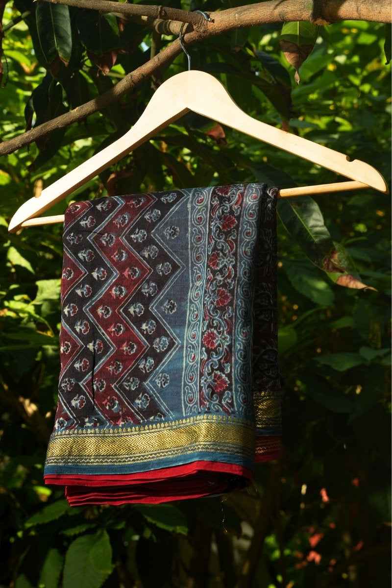 Maheshwari Silk Cotton Tie-Dye & Ajrakh Block Print Saree - Rich Red & Indigo