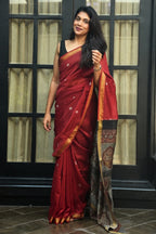 Maheshwari Silk Cotton Tie-Dye Saree - Crimson Red, Grey & Gold with Ajrakh Pallu