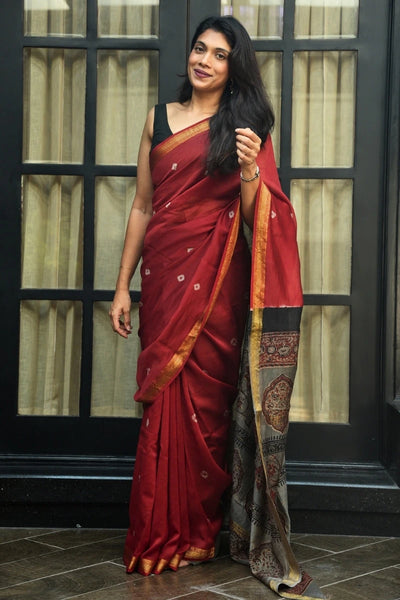 Maheshwari Silk Cotton Tie-Dye Saree - Crimson Red, Grey & Gold with Ajrakh Pallu
