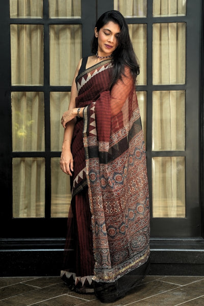 Kota Doria Bagru Printed Saree – Deep Maroon, Black & Rust
